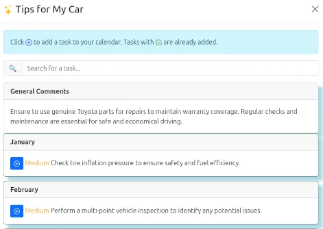 Vehicle tips screenshot